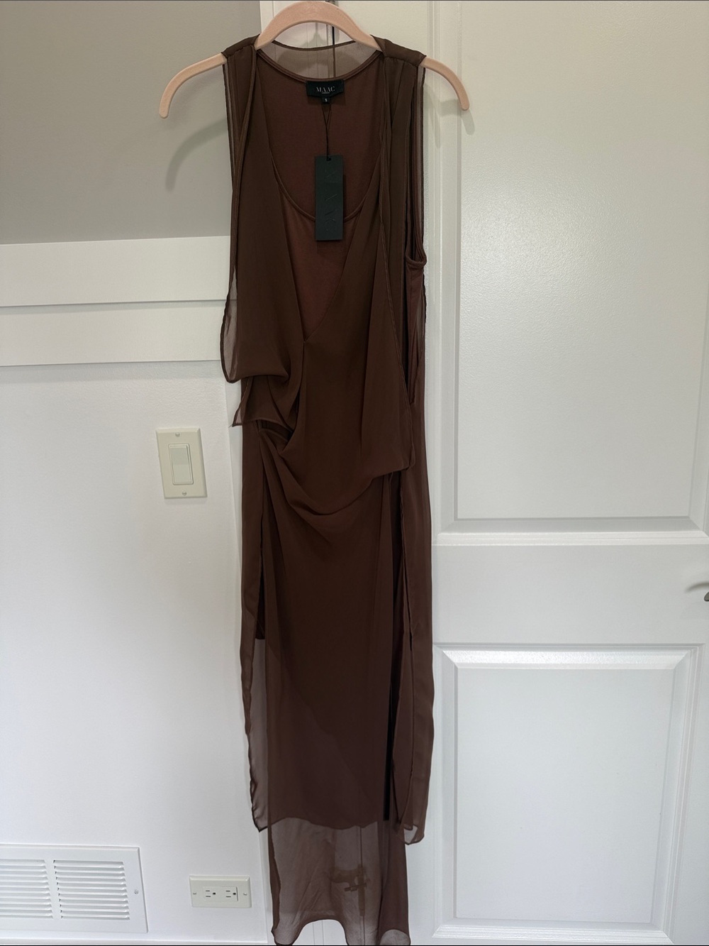 MAAC Brown Sleeveless Sheer Drape Maxi Dress